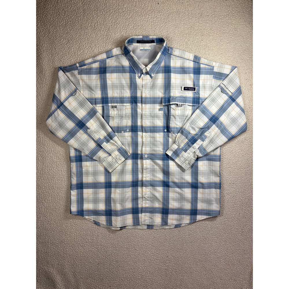 Columbia PFG Super Bahama Fishing PFG Shirt Men XXL Blue Plaid Long Sleeve Vent